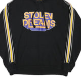 BERSHKA Mens Black Hoodie M Stolen Dreams Print Striped Sleeves Pullover