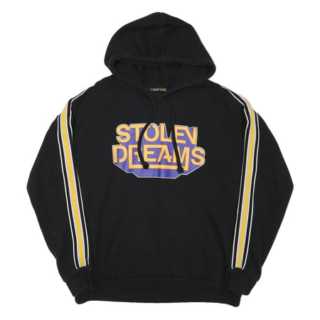 BERSHKA Mens Black Hoodie M Stolen Dreams Print Striped Sleeves Pullover
