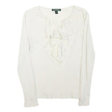 LAUREN RALPH LAUREN Womens White Ruffle Front Cotton Blend Long Sleeve Round