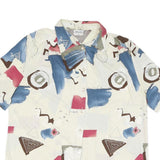 Womens Cream Blue & Brown Printed Shirt Short Sleeve Collared M Abstract Art