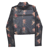URBANIC Y2K Womens Black Angel Print Long Sleeve High Neck Top L Mesh Sheer