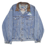 DUNBROOKE Mens Blue Leather Collar Denim Button Jacket XL Cotton Plaid Casual