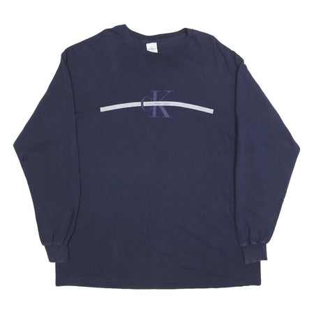 CALVIN KLEIN Mens Navy Blue Graphic T-Shirt XL Long Sleeve Crew Neck Logo