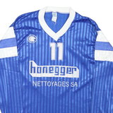 Mens Blue & White Vintage Graphic Long Sleeve V-Neck Polyester T-Shirt S