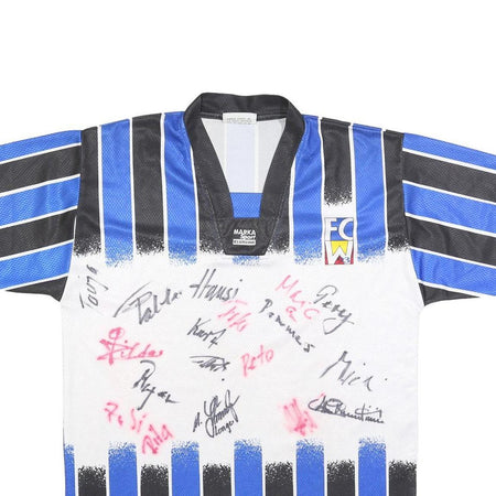 MARKA SPORT Mens Blue & Black Football Shirt L Short Sleeve V-Neck Zip Striped