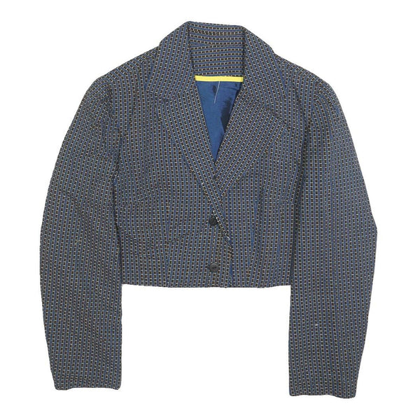 Womens Blue Cropped Button Jacket Woven Pattern M