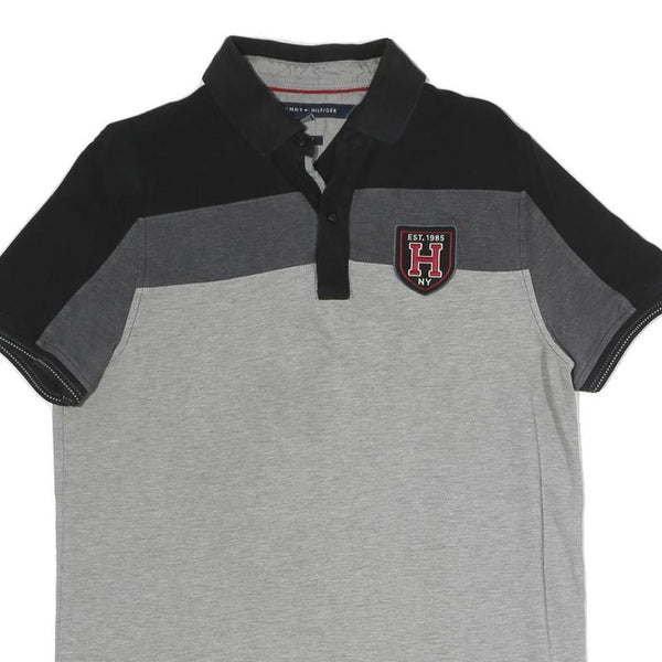 TOMMY HILFIGER Mens Grey & Black Short Sleeve Colourblock Polo Shirt M Casual
