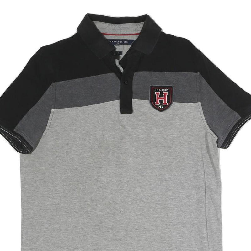 TOMMY HILFIGER Mens Grey & Black Short Sleeve Colourblock Polo Shirt M Casual