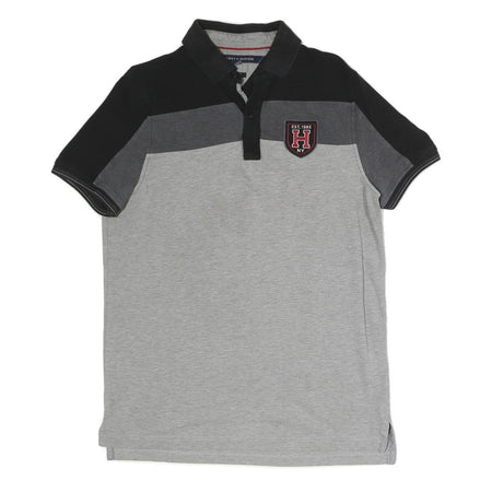 TOMMY HILFIGER Mens Grey & Black Short Sleeve Colourblock Polo Shirt M Casual