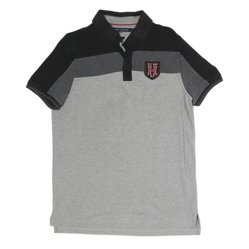 TOMMY HILFIGER Mens Grey & Black Short Sleeve Colourblock Polo Shirt M Casual