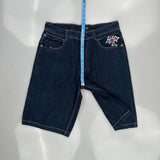 Cross And Flames Jinzu Graphic Denim Shorts - 34W 13L Dark Wash Cotton