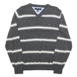 TOMMY HILFIGER Mens Grey & White Patterned Jumper V-Neck Basic Knit L Cotton