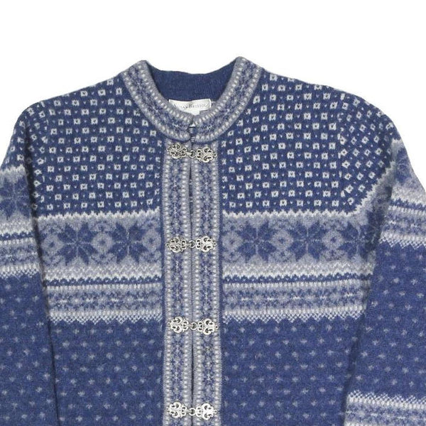 SUSAN BRISTOL Girls Blue Patterned Wool Jumper Button Up Round Neck Chunky Knit