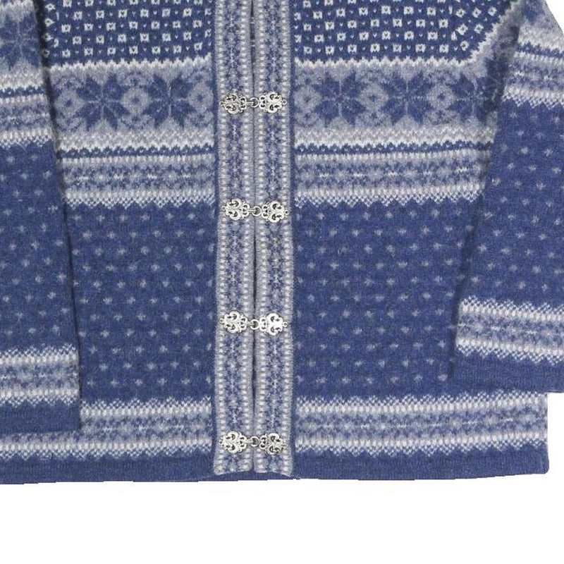 SUSAN BRISTOL Girls Blue Patterned Wool Jumper Button Up Round Neck Chunky Knit