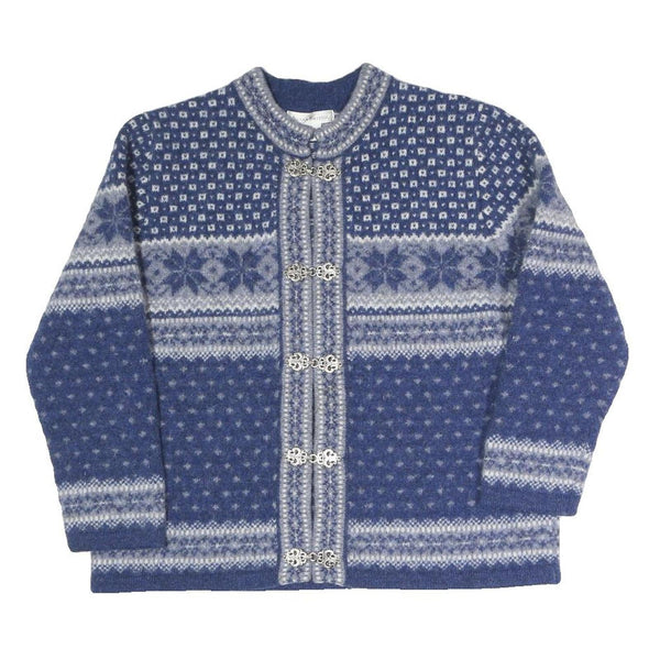 SUSAN BRISTOL Girls Blue Patterned Wool Jumper Button Up Round Neck Chunky Knit