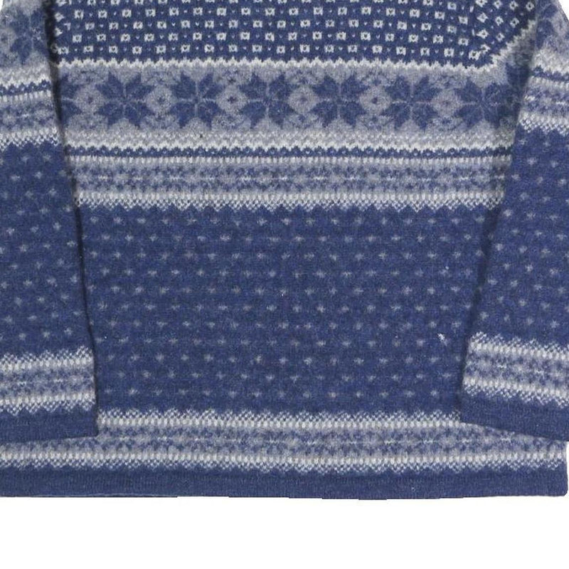 SUSAN BRISTOL Girls Blue Patterned Wool Jumper Button Up Round Neck Chunky Knit
