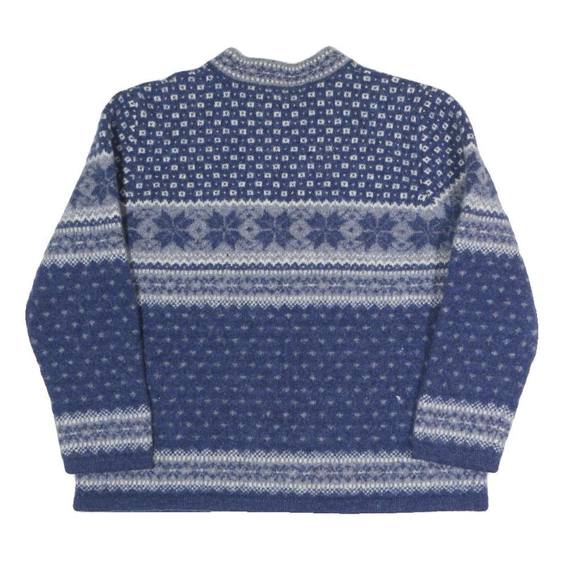 SUSAN BRISTOL Girls Blue Patterned Wool Jumper Button Up Round Neck Chunky Knit