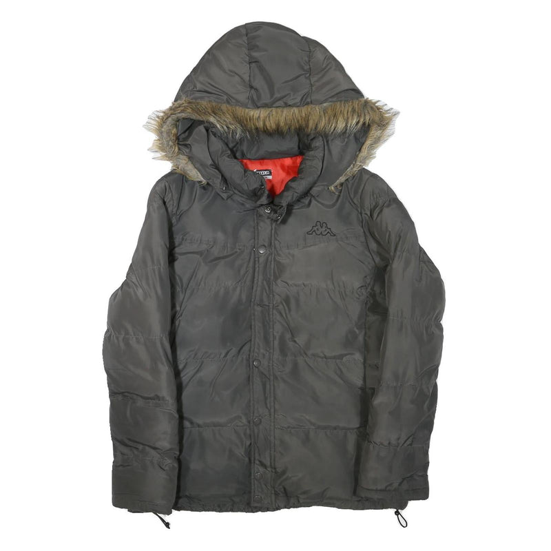 KAPPA Womens Grey Faux Fur Hooded Zip Jacket L Polyester Blend Puffer Warm