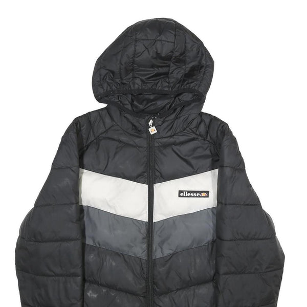 ELLESSE Mens Black Grey & White Hooded Quilted Jacket L Polyester Zip