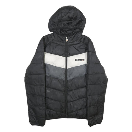 ELLESSE Mens Black Grey & White Hooded Quilted Jacket L Polyester Zip
