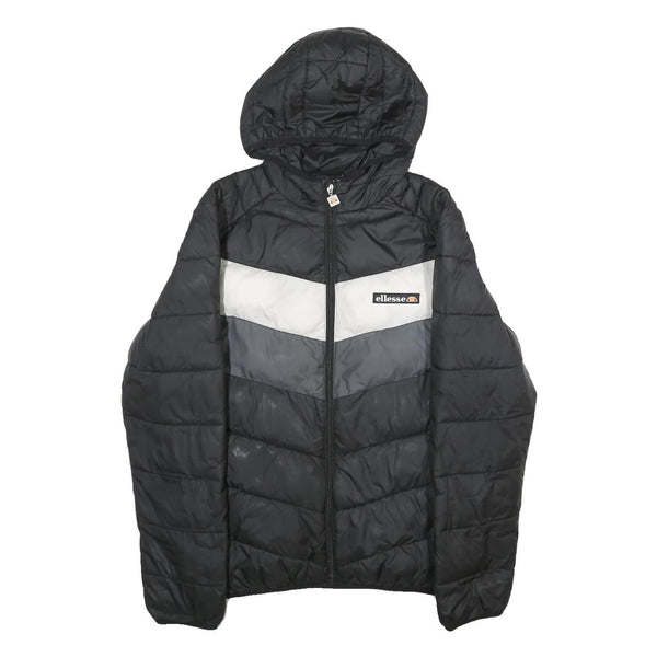 ELLESSE Mens Black Grey & White Hooded Quilted Jacket L Polyester Zip
