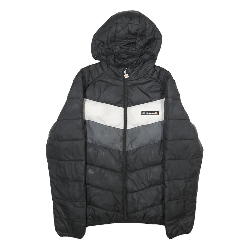 ELLESSE Mens Black Grey & White Hooded Quilted Jacket L Polyester Zip
