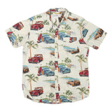 FREE PLANET Mens Cream Classic Cars Print Cotton Blend Shirt L Beach Holiday