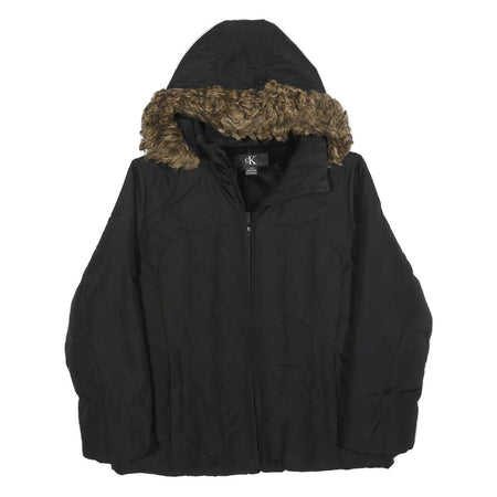 CALVIN KLEIN Womens Black Jacket XL Polyester Blend Hooded Zip Plain Winter Coat