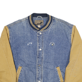 PORT AUTHORITY Mens Blue & Beige Denim Cotton Varsity Jacket L Zip Casual Retro
