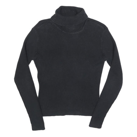 TOMMY HILFIGER Womens Black Plain Roll Neck Basic Knit Jumper M Cotton Knitwear