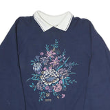 MORNING SUN Womens Navy Blue & White Floral Print Collar L Cotton Sweatshirt