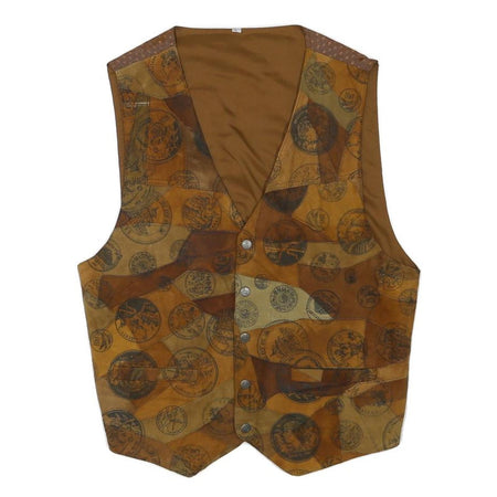 Mens Brown Patchwork Button Jacket L Polyester Blend Vintage Style Waistcoat