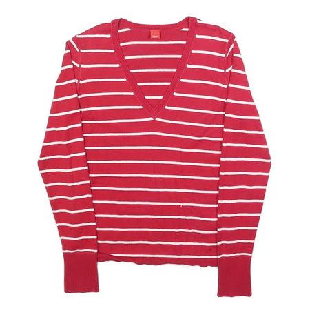 ESPRIT Womens Red & White Patterned V-Neck Basic Knit Jumper S Striped Cotton
