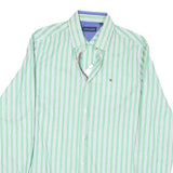 TOMMY HILFIGER Mens Green & White Striped Cotton Blend Shirt M Classic Fit