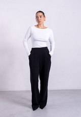 Ribbed Boat Neck Long Sleeve T-Shirt, White