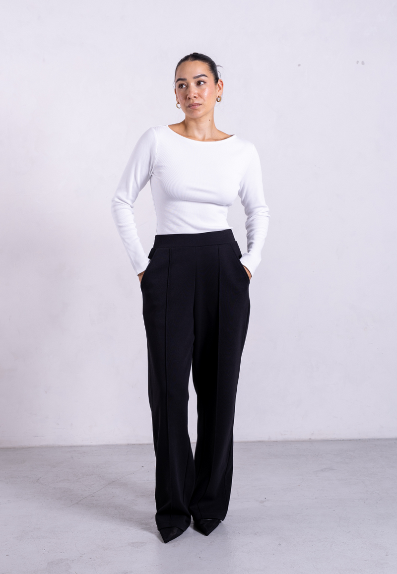 Ribbed Boat Neck Long Sleeve T-Shirt, White