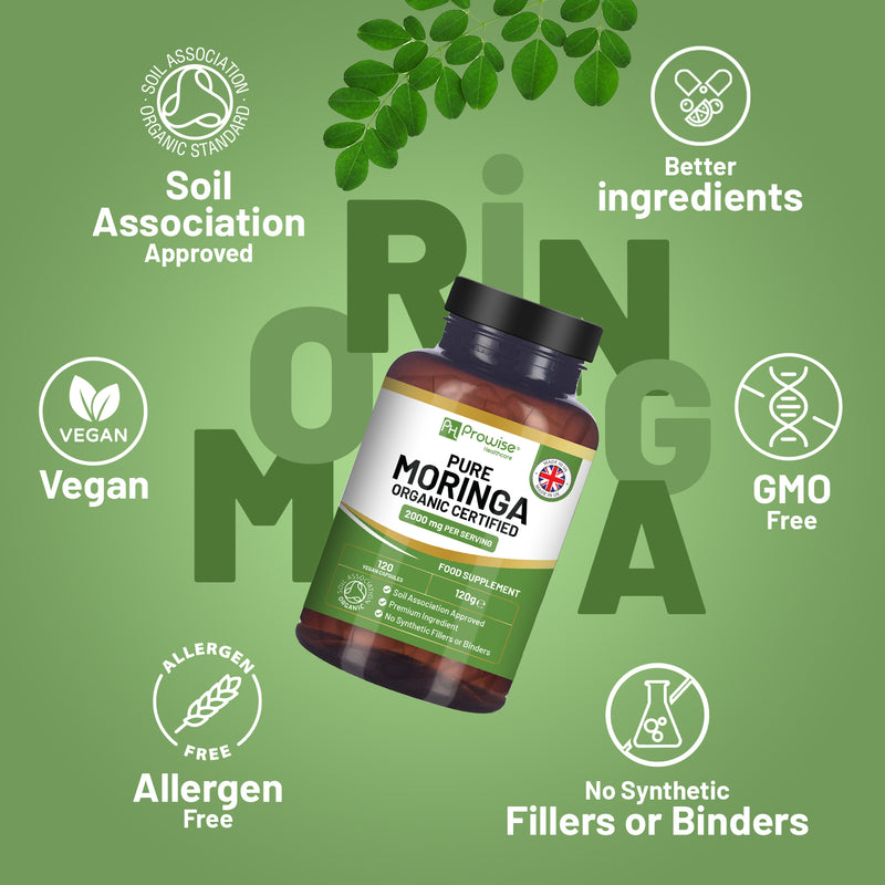 Organic Moringa Capsules 2000mg - 120 Vegan Moringa Leaves Capsules | Moringa Oleifera Leaf Supplement | 100% Natural Soil Association Organic Certified (Not Moringa Tablets) | Made in UK by Prowise Healthcare