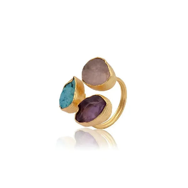 18k Gold-Plated Raw Rose Quartz, Blue Turquoise & Purple Amethyst Ring