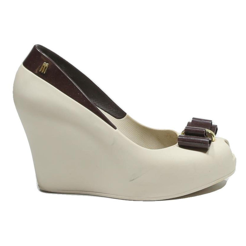 MELISSA Wedge Womans Peep Toe Bow Detail Cream & Brown Synthetic UK 4 Summer