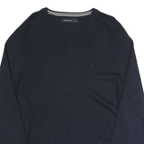NAUTICA Mens Navy Plain V Neck Basic Knit Jumper M Cotton Blend Casual