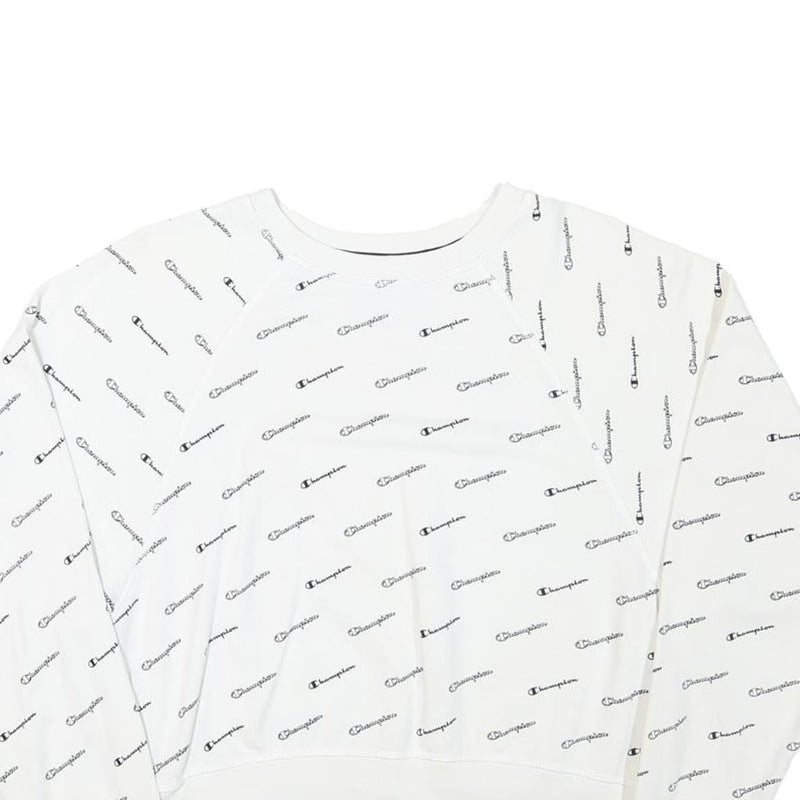 CHAMPION Womens White All Over Logo Crew Neck M Cotton Blend Sweatshirt