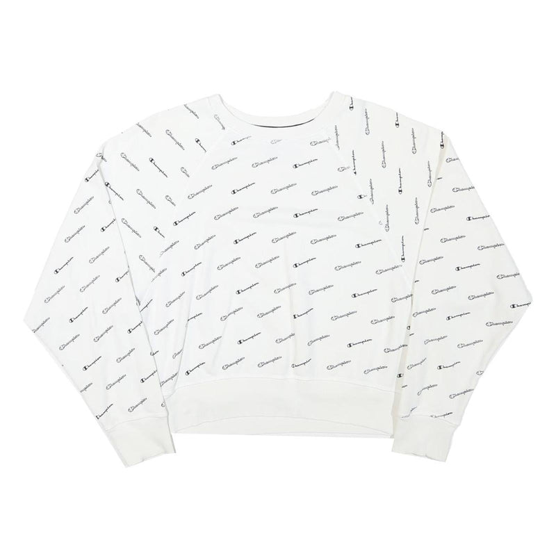 CHAMPION Womens White All Over Logo Crew Neck M Cotton Blend Sweatshirt