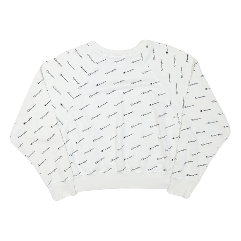 CHAMPION Womens White All Over Logo Crew Neck M Cotton Blend Sweatshirt