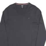 HILFIGER DENIM Mens Black V-Neck Plain Cotton Blend Jumper XL Classic Knitwear