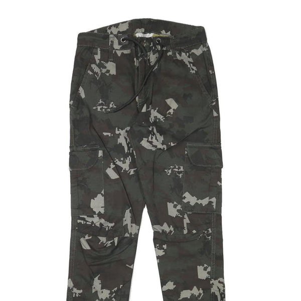 PACOS Boys Cotton Blend Slim Cargo Trousers Black Grey Camo W28 L30 Drawstring