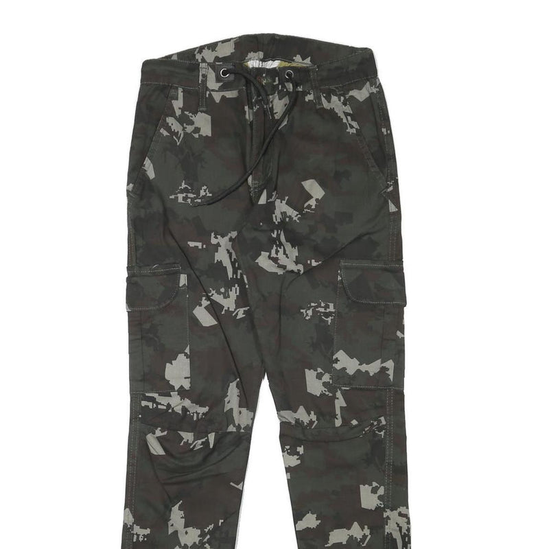 PACOS Boys Cotton Blend Slim Cargo Trousers Black Grey Camo W28 L30 Drawstring