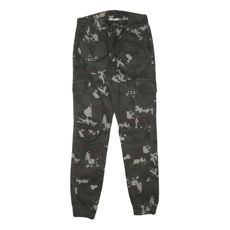 PACOS Boys Cotton Blend Slim Cargo Trousers Black Grey Camo W28 L30 Drawstring