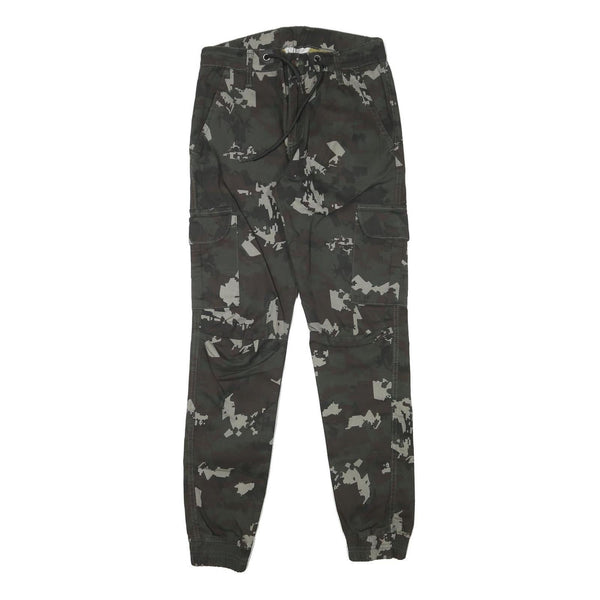 PACOS Boys Cotton Blend Slim Cargo Trousers Black Grey Camo W28 L30 Drawstring
