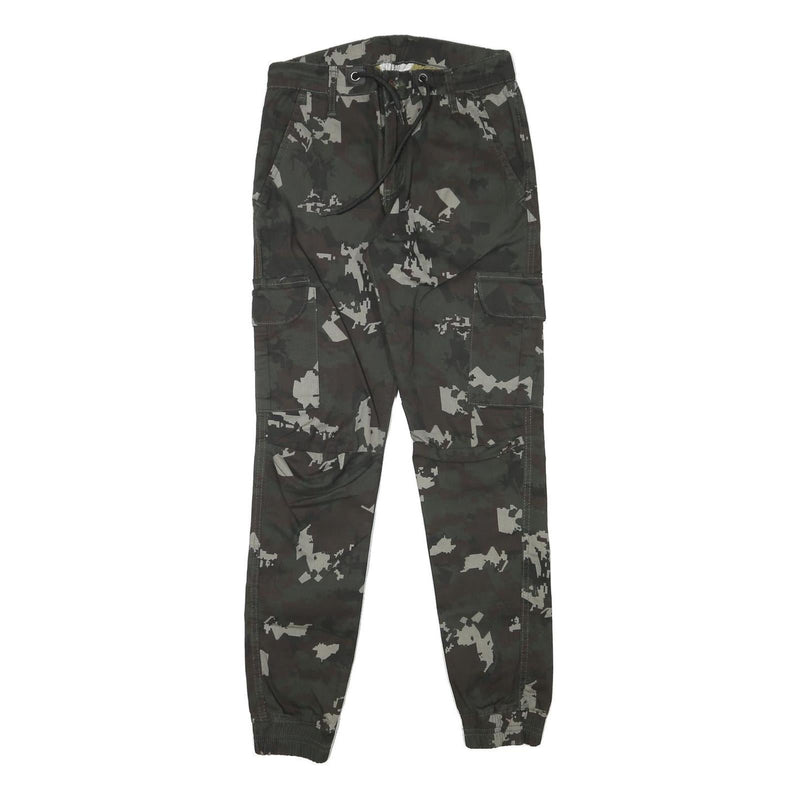 PACOS Boys Cotton Blend Slim Cargo Trousers Black Grey Camo W28 L30 Drawstring