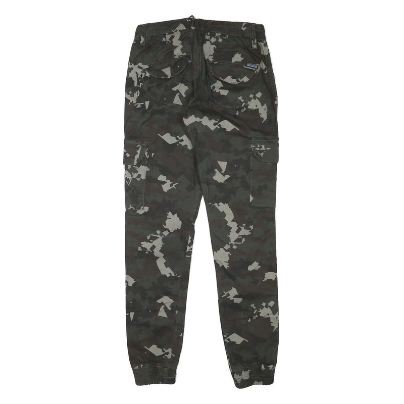 PACOS Boys Cotton Blend Slim Cargo Trousers Black Grey Camo W28 L30 Drawstring